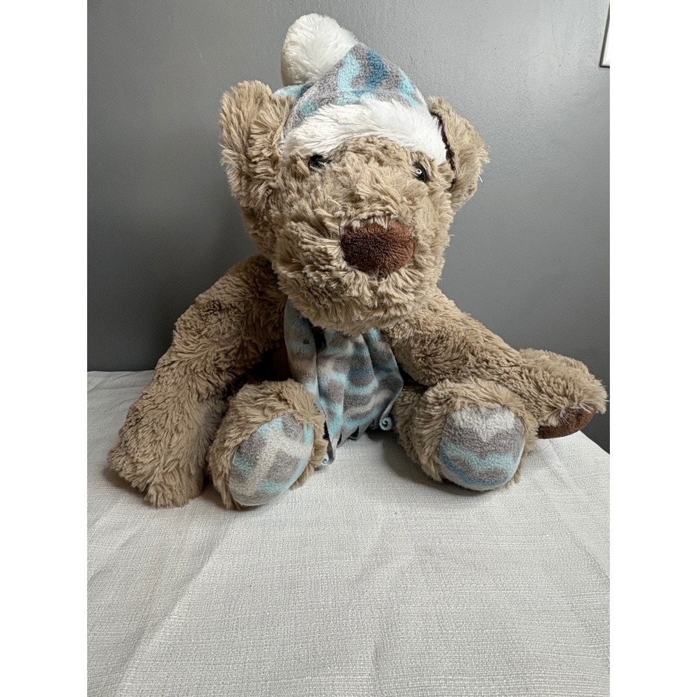 Gentle Treasures Brown Plush Teddy Bear Winter Blue Scarf Hat Beanie 12 Inch